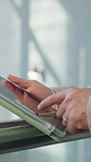 Hands, business and person with tablet in office for research, email client and real estate. Realtor, typing and digital to review schedule, pricing property and online inquiry for resale listing