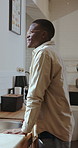 Thinking, window and black man in kitchen, decision and contemplation for memory, nostalgia and choice. Happy, solution and African person in home, reflection and remember with inspiration and ideas