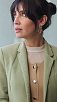 Disappointed, businesswoman and thinking in office, serious and rejection for real estate investment. Unhappy, realtor and mature person with bad news on web, online and scroll with tech in business