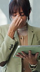 Business, woman and headache with tablet in office for research, finance mistake and burnout. Stress, mature person and digital with migraine, financial error and brain fog from investment pressure