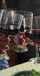 Hands, toast and people in home, red wine for celebration and bonding together for reunion party. Cheers, men and friends in lounge, social gathering and alcohol for gratitude, thank you or happiness