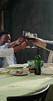 Lunch, toast and men in home, red wine for celebration and bonding together for reunion party. Cheers, people and friends in dining room, social gathering and alcohol for gratitude and healthy food