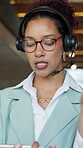 Consultant, woman and headset with tablet in office for loan assistance, virtual support and CRM. Agent, financial advisor and contact with tech for insurance claim, policy update or customer service