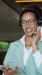 Telemarketing, happy woman and headset with tablet in office for CRM, finance offer and insurance. Sales, financial consultant and discussion on tech for upsell, product knowledge and explain service