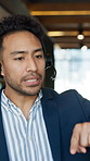 Telemarketing, man and headset with tablet in office for finance offer, insurance and negotiation. Sales, financial consultant and discussion on tech for upsell, product knowledge and explain service