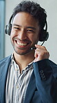 Face, smile or businessman with headset in office, call center career or confident for telemarketing. Portrait, professional or sales consultant with tech for cold calling, lead generation or pride
