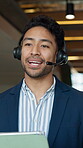 Consultant, man and headset with tablet in office for debt review, loan assistance and CRM. Happy, financial advisor and consulting with tech for insurance claim, explain policy and customer support