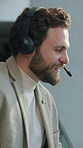 Speaking, contact or man with headset in office, call center and cold calling for telemarketing pitch. Smile, talk or sales consultant with tech for networking, explain offer value or lead generation