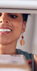 Logistics, box or woman in office with check, delivery condition or inspection in shipping service. Distribution, smile or supplier with package, order evaluation or quality control in supply chain.