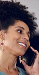 Woman, phone call and happy at startup with contact, good news or discussion at night in office. Person, smile and conversation for feedback, review or mobile network with overtime at creative agency