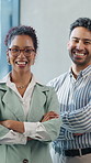 Happy, business people and face with confidence in row for about us, teamwork or company staff. Portrait, colleagues or group of employees with smile in line for professional startup in workplace