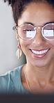 Business, glasses and happy woman with laptop for project, laugh and ad campaign for brand awareness. Office, social media specialist and person with tech for assignment, digital marketing and bokeh