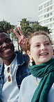 People, friends and selfie at park in city with smile, bonding and memory with gen z group on holiday. Women, men and happy with photography, profile picture and reunion with social media on vacation