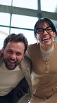 Face, business people and laugh in office, teamwork or financial consultants together with low angle. Funny group, solidarity and portrait for collaboration, about us and hug in investment agency