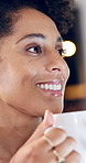Business, coffee and woman in workplace, smile and technology for advertising agency. Person, latte and professional in office, herbal tea and cup for espresso, reflection and app for social media