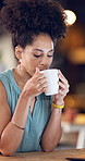 Business, coffee or woman in office, laptop or website info for advertising agency. Person, creative or employee in workplace, herbal tea or cup for espresso, reflection or email for project proposal