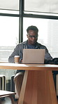 Reading, planning or black man with laptop in office, review budget or funding proposal for campaign. Branding, launch cost report or marketer with research on pc, ads development or project expenses
