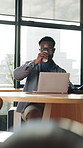 Coffee, design and laptop with business black man at desk for hybrid work, planning or research. Computer, drink and workstation with employee online for feedback, report or review of digital info