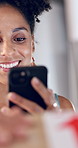 Woman, photo and phone with smile for dropshipping, small business owner and social media marketing. Person, entrepreneur and smartphone with scan for order, ecommerce or logistics at warehouse
