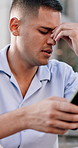 Stress, sad and businessman with tablet in city, schedule mistake and rejection email for sale offer. Frustrated, feedback and upset realtor with tech for rental failure, property crisis and town