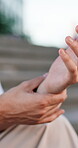 Wrist pain, stretching or hands outdoor with massage, burnout or joint inflammation in carpal tunnel. Ache, tendinitis and person with blood circulation, muscle strain or arthritis in health risk.