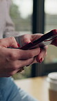 Text, response or hands in agency with phone, networking or project discussion in online communication. Digital, woman or employee with tech, schedule meeting and email feedback on virtual report.