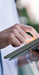 Business, hands and man in city, tablet for social media and digital app for subscription. Tech, outdoor and person with internet, typing and communication with connection, texting or online chatting