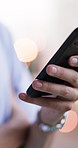 Typing, phone and hands of businessman in city for social media, networking and email response. Bokeh, scroll and person on cellphone for internet, notification and communication for agenda in town