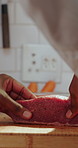 Cooking, steak and hands of chef with chopping board for cuisine, dinner and gourmet recipe. Kitchen, catering and person with meat, protein and food for meal prep, seasoning and culinary skills