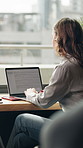Creative, online and businesswoman with laptop screen in office, copywriting or research for article. Copywriter, typing and person with tech for blog post, serious and info for ad campaign on web