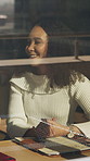 Woman, meeting or conversation in office with window, idea proposal or planning for brand management. Happy person, consultation and talk in business for press release, public relations and feedback.