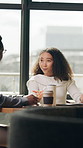 Woman, documents or business meeting with group for planning, strategy or company ideas in office. Female person, window or discussion with team for project proposal or development in workplace