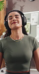 Zen, home and happy woman with headphones for meditation, listen and mindfulness with ambient sound. Calm, music and person with mobile for song selection, mental health or wellness on break in house