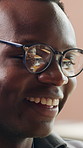 Discussion, glasses or business man with feedback in agency, planning meeting or ideas for marketing. Reflection, talking or person with smile for campaign development, creativity or branding project