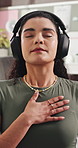 Breathing, home and woman with headphones for meditation, mindfulness and routine with ambient sound. Calm, person and healing mental health with music, stress relief and wellness on break in house