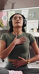 Inner peace, home and woman with headphones for meditation, mindfulness and calm with ambient sound. Breathing, person and healing mental health with music, self care and wellness on break in house