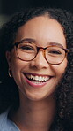 Face, businesswoman and laugh in office with glasses, pride and ambition for human resources career. Happy, female person and HR employee in workplace with spectacles, job satisfaction and about us.