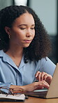 Reading, business or woman with laptop in office, market research or investment opportunity proposal. Typing, planning or employee with pc for financial recommendation email, forecasting or review