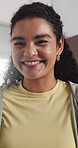 Fitness, face and woman with laughing in home for pilates break, positive attitude and wellness. Active, portrait and person with smile in apartment for exercise rest, indoor workout and health