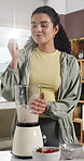 Smoothie, taste and blender with woman in kitchen for protein shake, wellness and nutrition. Vitamins, gut health and breakfast beverage with person in home for diet drink, supplements and fruit