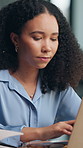 Business, woman and typing on laptop in office for research, draft update and editing story. Editor, pc and writing notes for copywriting goals, proofreading manuscript and information for submission