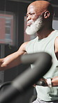 Workout, black man and exercise bike in gym for cardio, fitness and challenge for health. Athlete, mature person and elliptical machine at wellness club for physical training, endurance or cycling