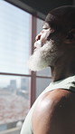 Thinking, senior black man and fitness at gym with vision, daydreaming and ideas for exercise. Thoughts, elderly person and breathing with reflection, sports inspiration and retirement with wellness