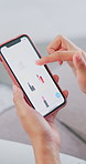 Hands, makeup and woman in home, phone screen for options and browsing website. Scroll, mobile user and person in lounge, cosmetics search and online display for beauty products, app or ecommerce
