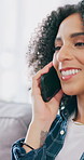 Phone call, funny and woman in home, discussion and digital app for communication. Apartment, mobile user and person in lounge, laughing and tech for online chatting, smile and talking to contact