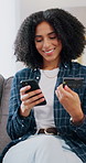 Phone, smile and woman in home, credit card for transaction and password for digital payment. Apartment, online shopping and person on sofa, savings and purchase for ecommerce, bank app and fintech