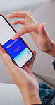 Hands, scroll and woman in home, phone screen for travel website and vacation destination. Apartment, mobile user and person on sofa, tech and booking for holiday location and reservation options