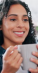 Drinking coffee, smile and woman in home, relax and reflection with taste, caffeine and morning. Apartment, routine and person in living room, happiness and cup for herbal tea, thoughtful and comfort