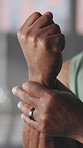 Man, hands and wrist injury with pain for arthritis, joint inflammation or workout accident in gym. Closeup, male person or sore arm with muscle tension or ache for fibromyalgia or exercise strain