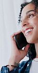 Phone call, smile and woman in home, discussion and digital app for communication. Internet, mobile user and person in living room, laugh and tech for online chatting, funny and talking to contact